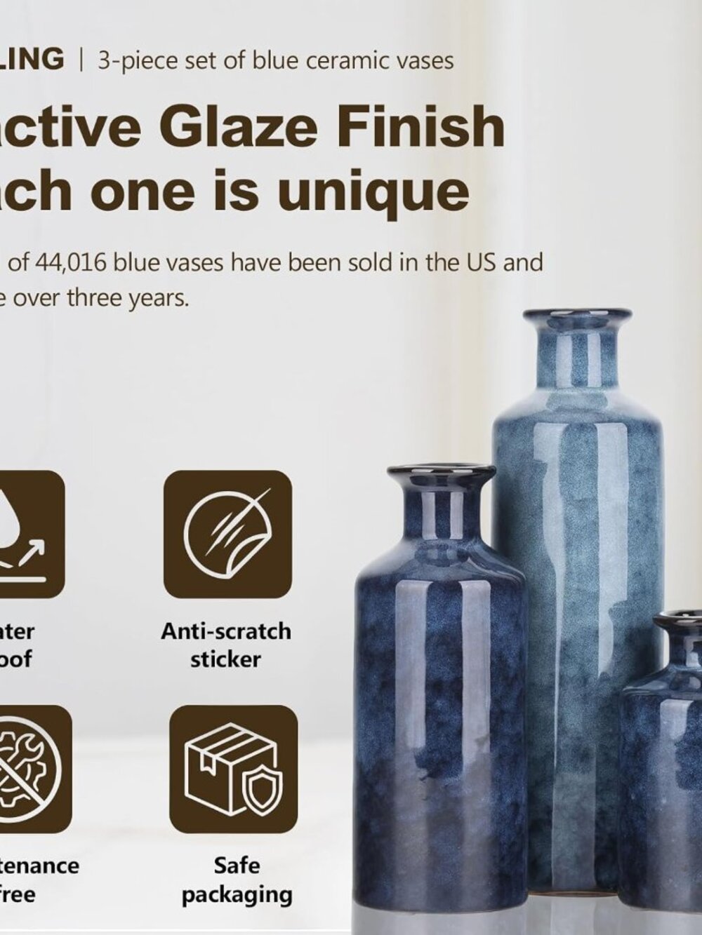 Blue Ceramic Vase Set - 3 Blue Small Vases, Farmhouse Country Flower Vase Home D - Picture 4 of 9
